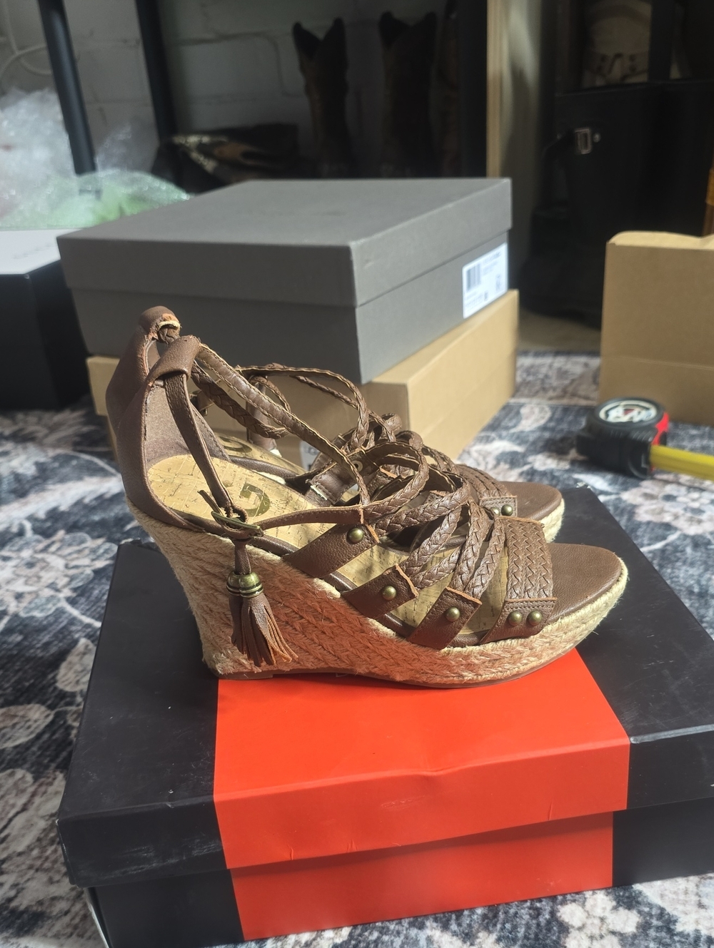 G by Guess Brown Braided Espadrille Wedge Sandals with Tassel Detail